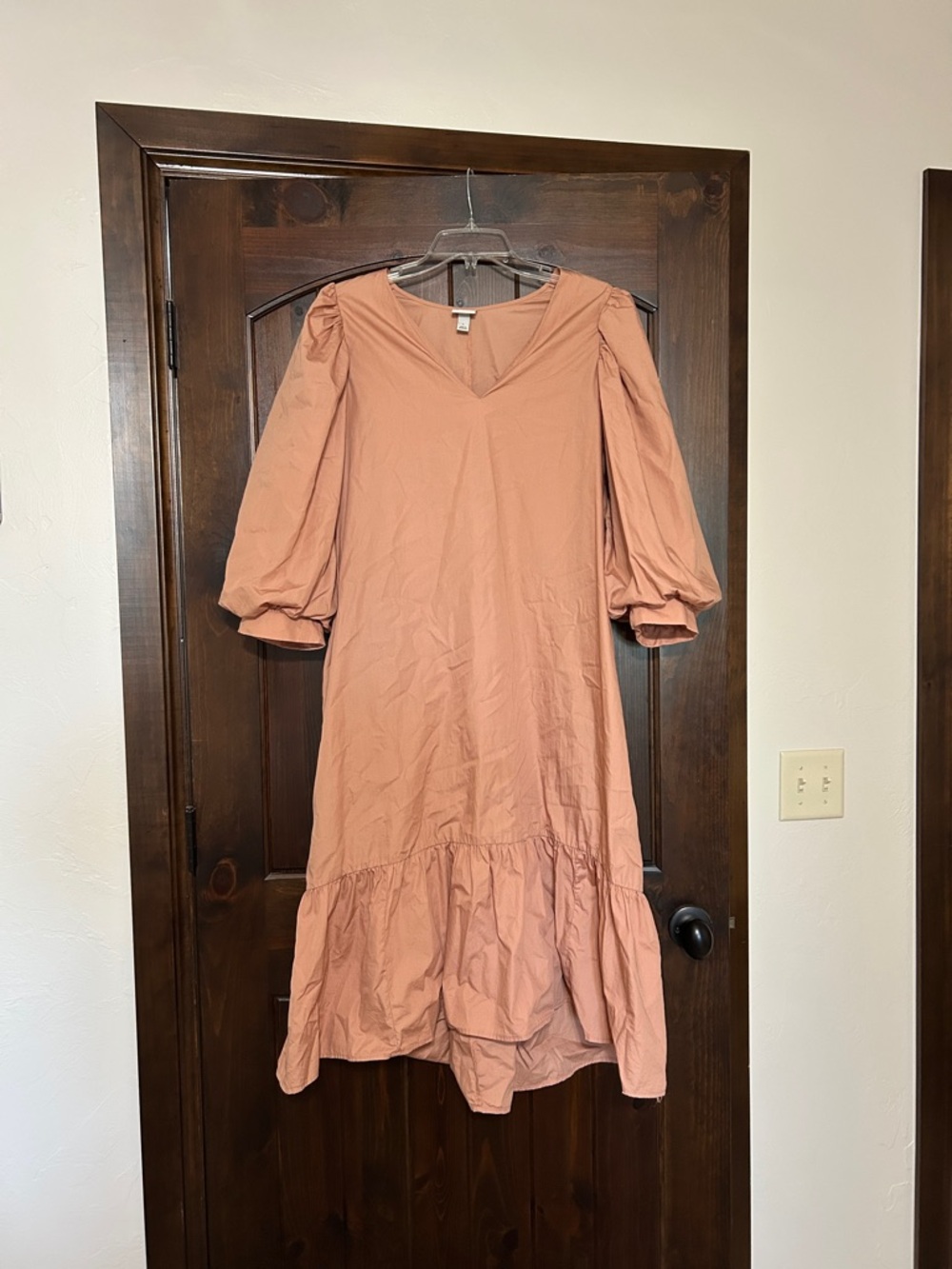 a new day Blush Pink V-Neck Midi Dress with Puff Sleeves